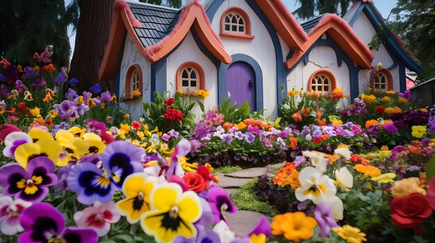 Photo a whimsical garden with a variety of pansies