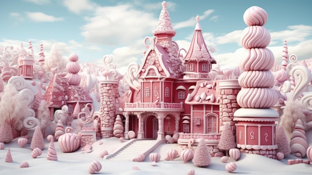 A whimsical gingerbread village with candy cane lampposts gumdrop houses and frostingcovered tree