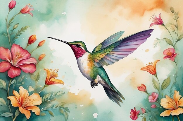 Whimsical gratitude artfully crafted thank you card with delicate florals and enchanting hummingbird illustration