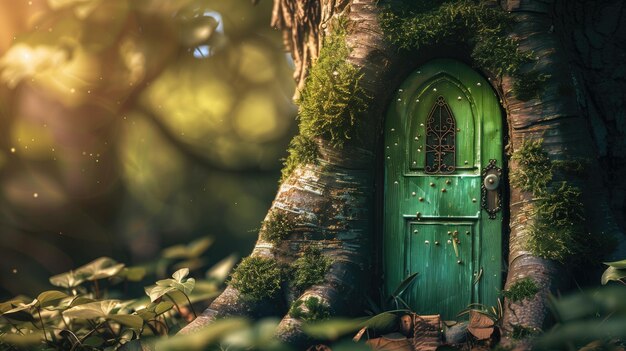 Foto una capricciosa porta verde costruita in un tronco di albero in una foresta incantata