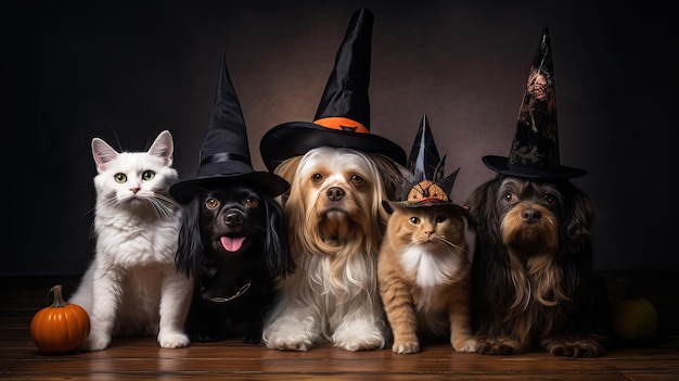 魔女帽子を着た猫と犬の奇妙なグループ ハロウィーン・ペット・アンサンブル