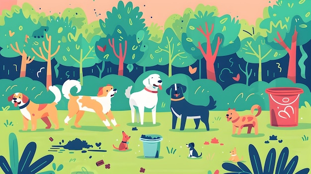 Photo whimsical guide to proper dog waste disposal in colorful park landscape