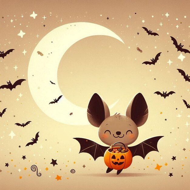 Photo a whimsical halloween background with friendly bat carrying pumpkin