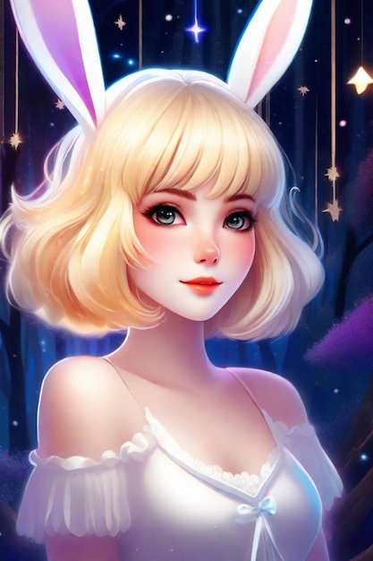 Whimsical Halloween Escape Blonde Anime Meisje in Bunny jurk bij het bos