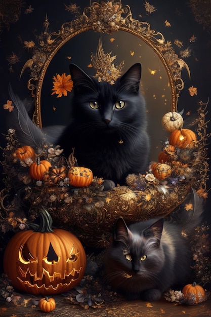 Whimsical Halloween Night Detailed Dark Fantasy Cat Artwork
