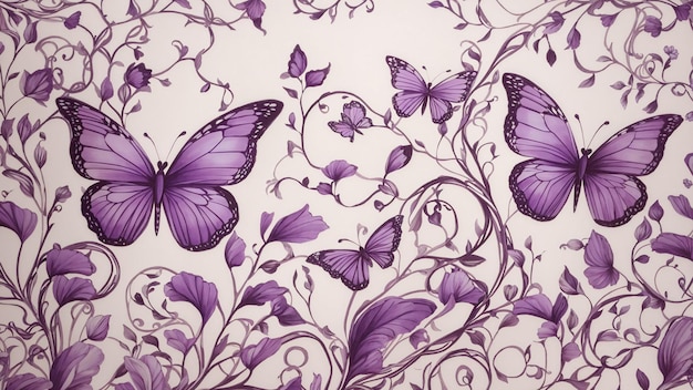A whimsical hand draw purple butterflies pattern wallpaper design