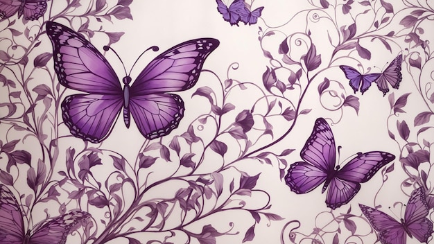 Foto un fantastico disegno di carta da parati con le farfalle viola disegnate a mano