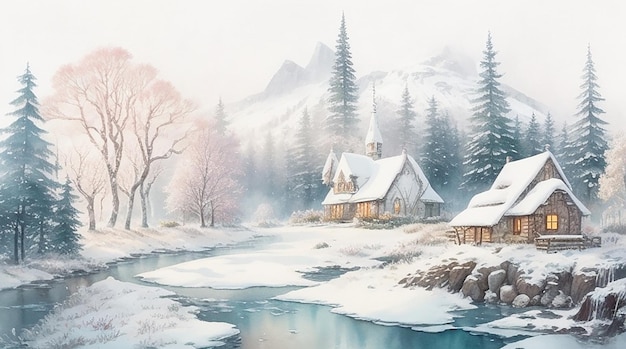 A whimsical hand drawn Nordic landscape with a magical fairy tale feel rendered in a charming