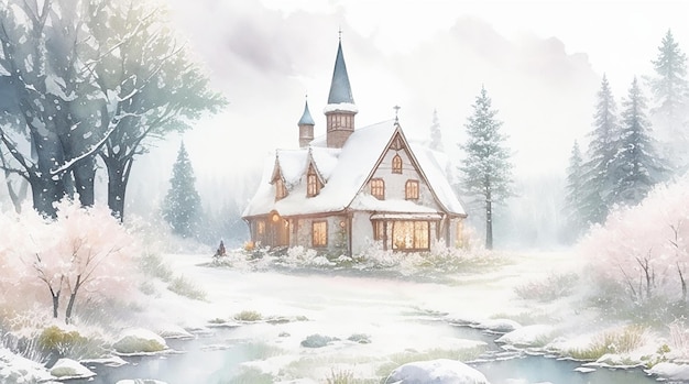 A whimsical hand drawn Nordic landscape with a magical fairy tale feel rendered in a charming