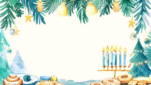 Photo whimsical hanukkah with flickering menorah candles evergreen garlands and traditional treats in hand drawn doodle frame design