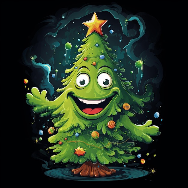 Whimsical Holiday Magic onthult een charmant cartoon kerstboom T-shirtontwerp