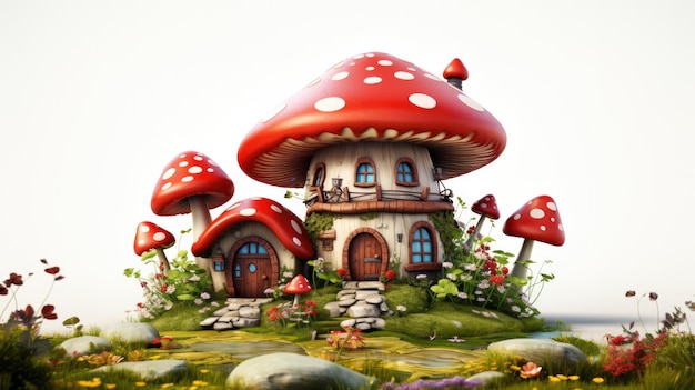 奇妙な家 可愛い漫画のキノコの家 デザイン 赤いレイシキノコ リンジ 白い背景