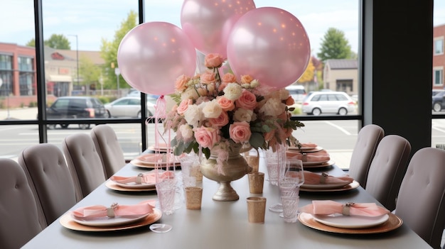 Whimsical hot air balloon centerpiece with flowers and ribbons