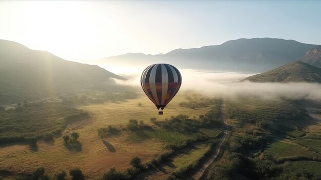 Foto una mongolfiera stravagante scivola silenziosa sopra una valle lussureggiante catturando l'immaginazione con i suoi colori vibranti e il movimento delicato generato dall'ia