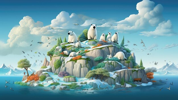 A whimsical illustration of animals including polar bears penguins and birds