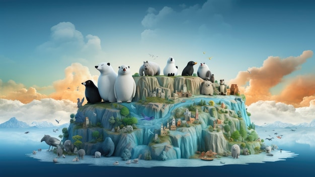 A whimsical illustration of animals including polar bears penguins and birds