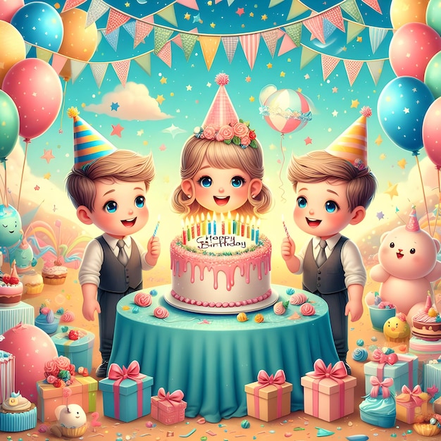 A whimsical illustration of a birthday party with two boys and a girl around a large cake amidst ba
