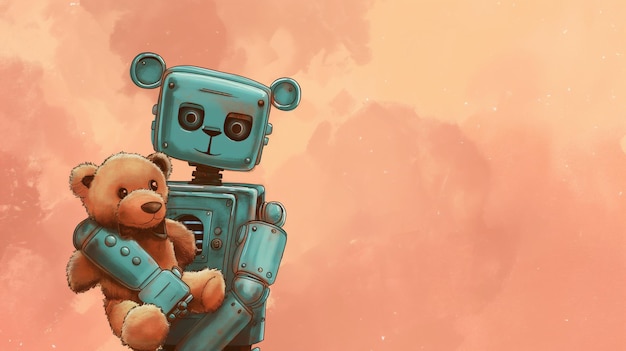 Photo a whimsical illustration of a blue robot holding a teddy bear against a soft orange background evoki