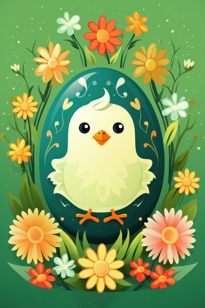 A whimsical illustration of a chick in a yellow easter egg surrounded