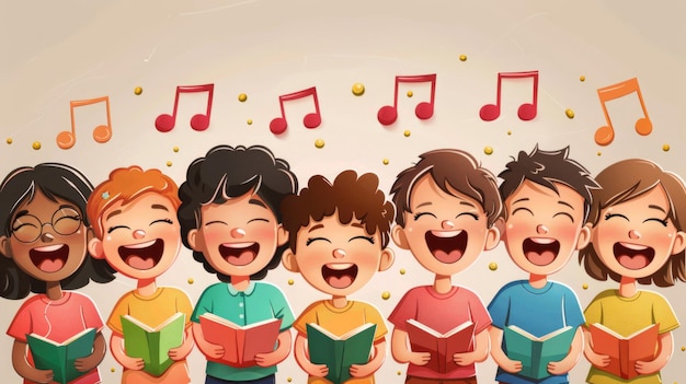 Photo whimsical illustration of children singing in school assembly generative ai