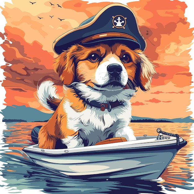 A whimsical illustration of a dog wearing a captains hat and steering a boat on a tranquil summer