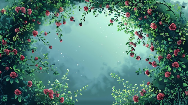 a whimsical illustration of a garden with vines of blooming red roses