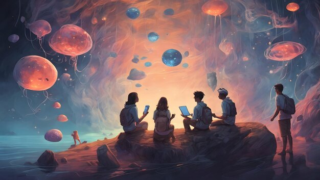 A whimsical illustration of a group of friends chatting and exploring the world of the internet