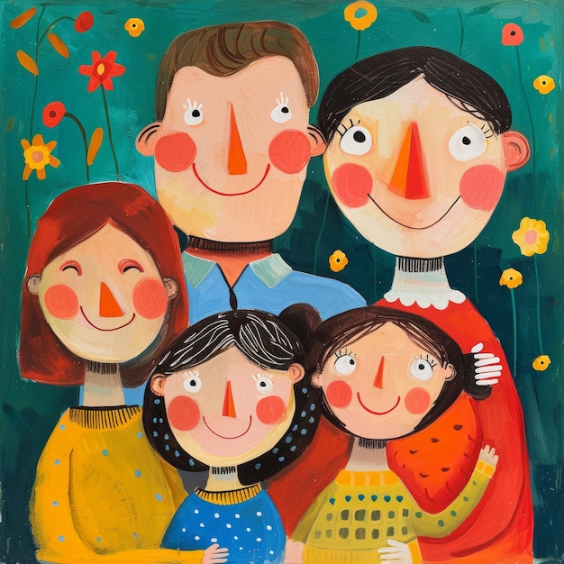 Whimsical illustration of a joyful family uniting against a colorful floral background