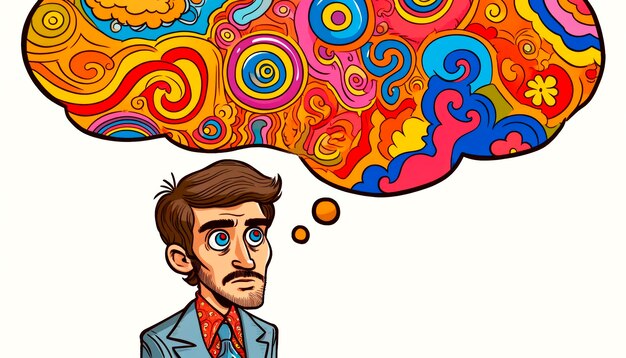 Photo a whimsical illustration of a man with a colorful detailed thought bubble white background concept of creativity generative ai