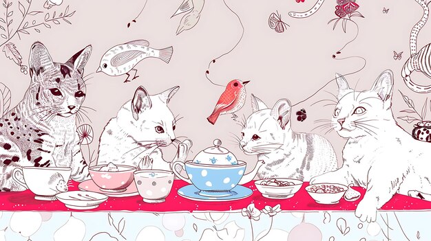 A whimsical illustration of a tea party with a variety of cats and birds