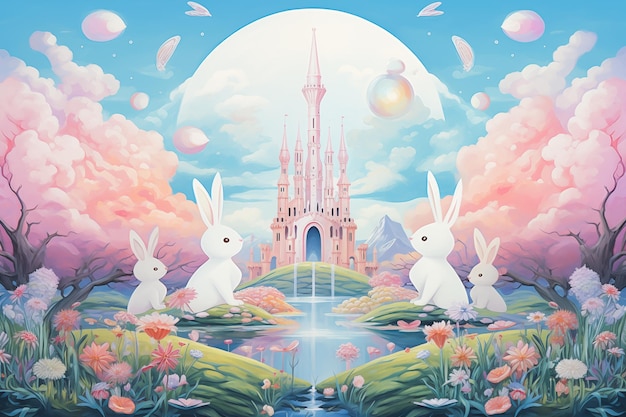 Whimsical illustration of white rabbits at pink palace garden under full moon