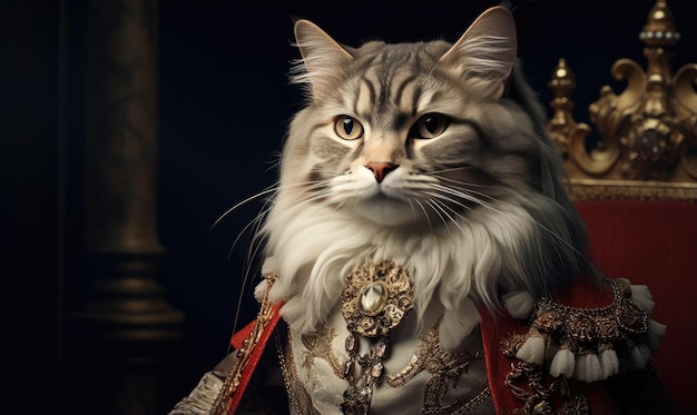 Whimsical image of a cat in royal attire sitting majestically depicting charm and regality AI Generative