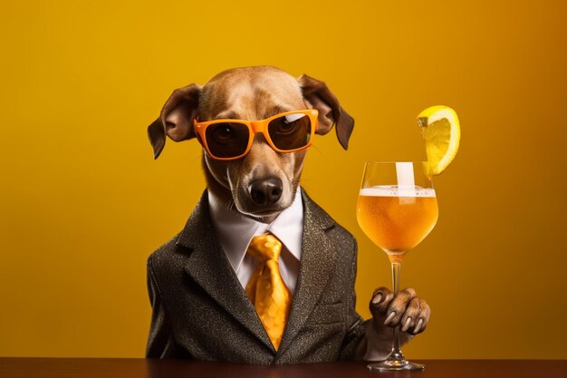 Whimsical image dog sips a cocktail adding a humorous twist