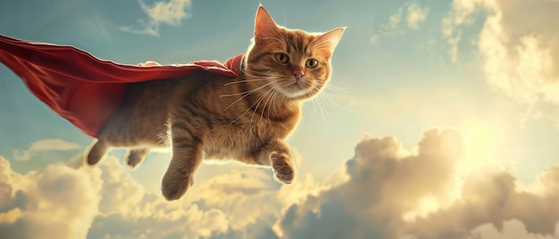 A whimsical image of a flying ginger cat wearing a red superhero cape against a cloudy sky