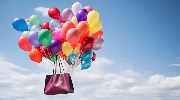 Foto un'immagine stravagante di una borsa della spesa che galleggia con i palloncini concetto di vendita del black friday