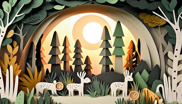 Whimsical Kids Forest in papier gesneden stijl illustratie achtergrond Generatieve AI