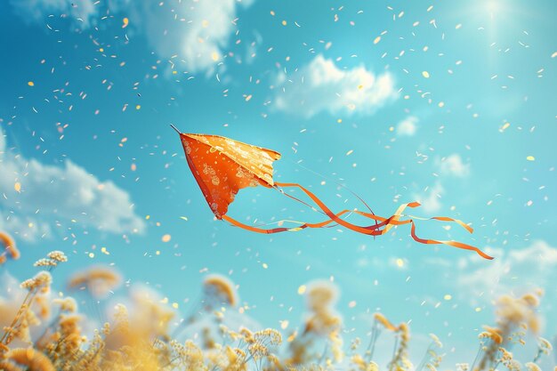 Whimsical kite flying against a blue sky