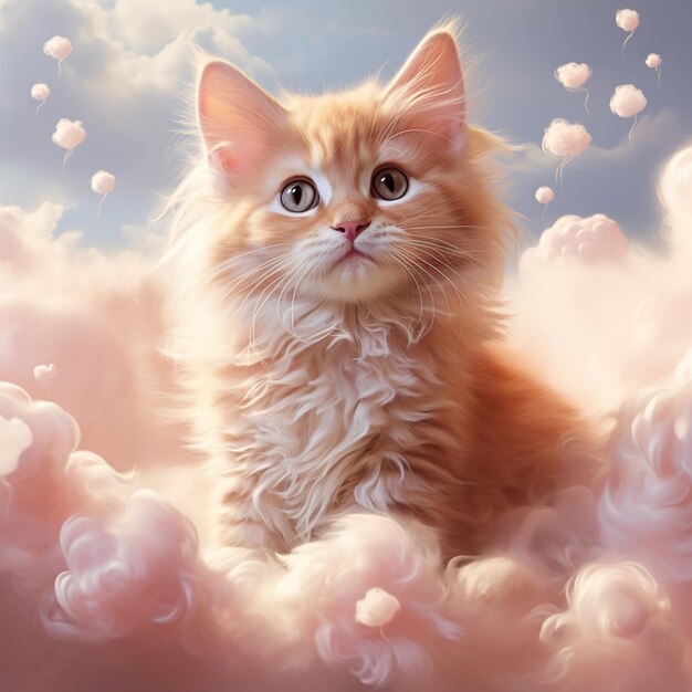 A whimsical kitten floating on a pastel sea