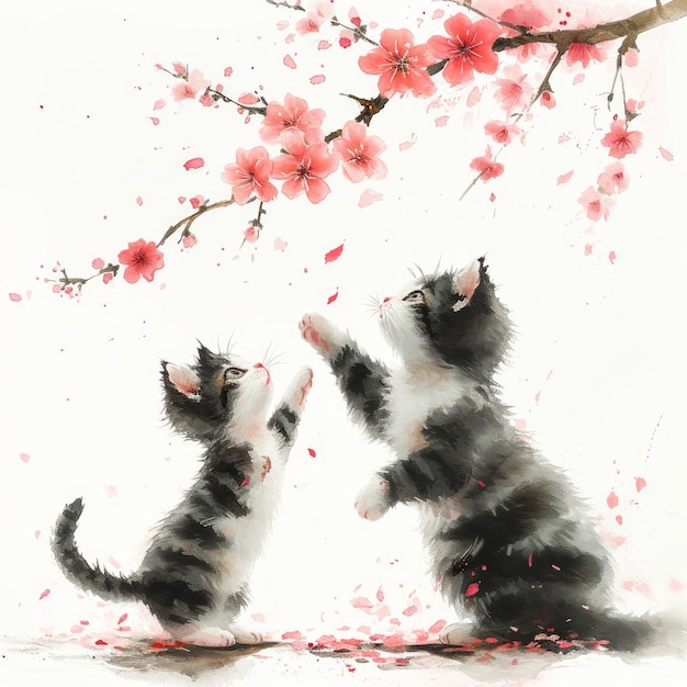 Whimsical Kitten Learning to Pounce Surrounded by Cherry Blossoms Generative AI
