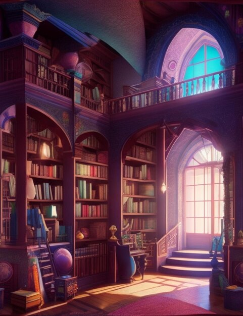 A whimsical library with its colorful books and shelves and a magical atmosphere that encourages