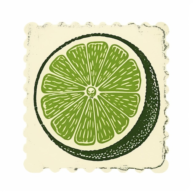 Photo whimsical lime stamp on white paper intricately textured illustration