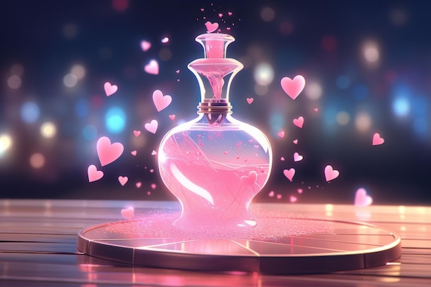 Whimsical Love Potion Bottle on Table with Neon Lights Flying Hearts and Generative AI