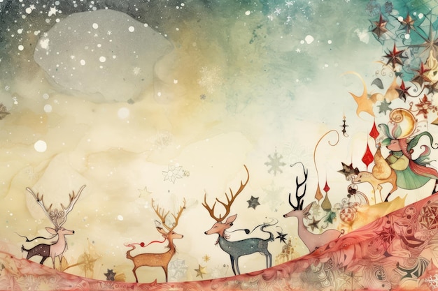 A whimsical magical christmas border with snowflakes elves and reindeer