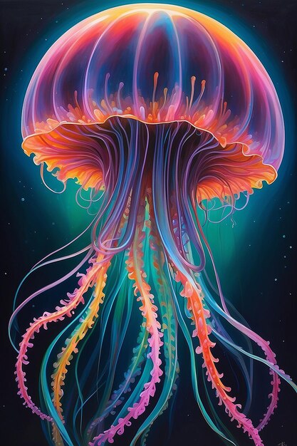 Photo whimsical marfluxian jellyfish neon dance in gouache