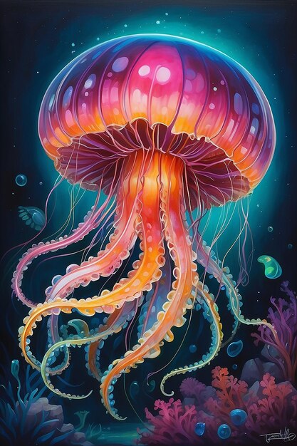 Photo whimsical marfluxian jellyfish neon dance in gouache