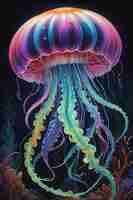 Photo whimsical marfluxian jellyfish neon dance in gouache