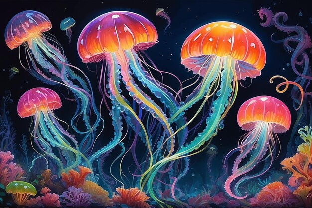 Photo whimsical marfluxian jellyfish neon dance in gouache