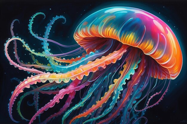 Photo whimsical marfluxian jellyfish neon dance in gouache