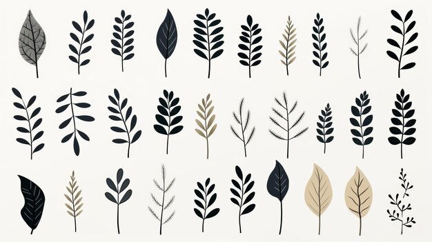 Whimsical Midcentury Illustration Black And Beige Leaf Set