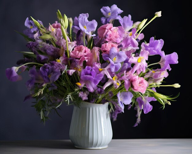 Причудливая смесь фиолетовых ирисов розовых тюльпанов и ветвей лаванды